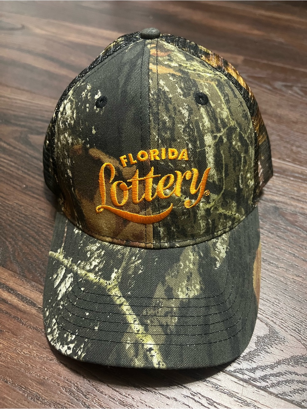 Florida Lottery Camouflage Trucker Hat Woodland Camo Pattern Orange Embroidered